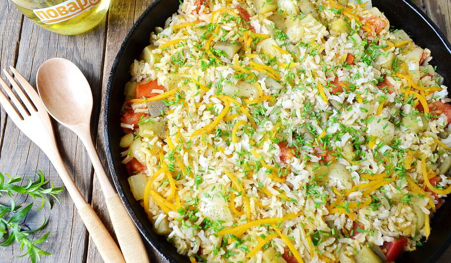 Рецепт риса с баклажанами и сладким перцем