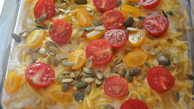 лазанья с кабачками и помидорами с сыром джюгас