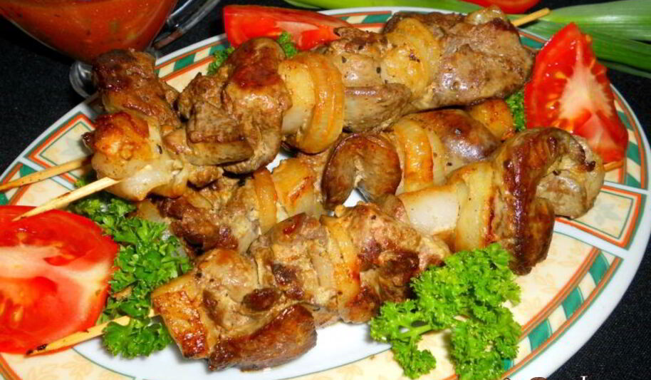 Рецепт шашлыка из куриной печени на сковороде