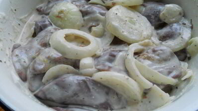 шашлык из куриной печени на сковороде