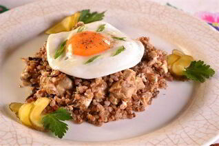 Каша Старокиевская с телячьими мозгами и грибами