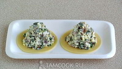 салат из копченой рыбы на кружочках сыра