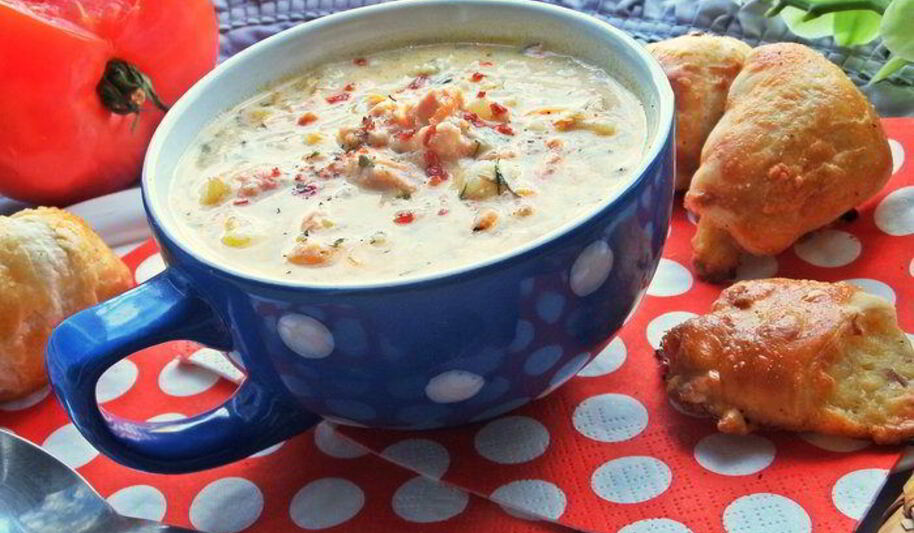 Рецепт сырного супа с лососем и рисом