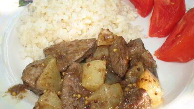 блины с куриной печенкой, грушей и горчицей