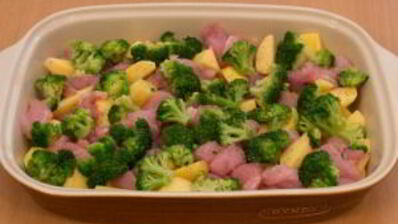 запеканка с индейкой, брокколи и картофелем под соусом бешамель