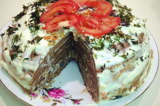 Печеночный торт с грибами