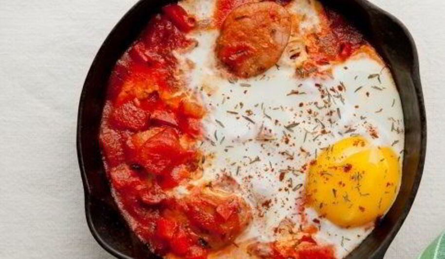 Рецепт яичницы с помидорами и колбасой